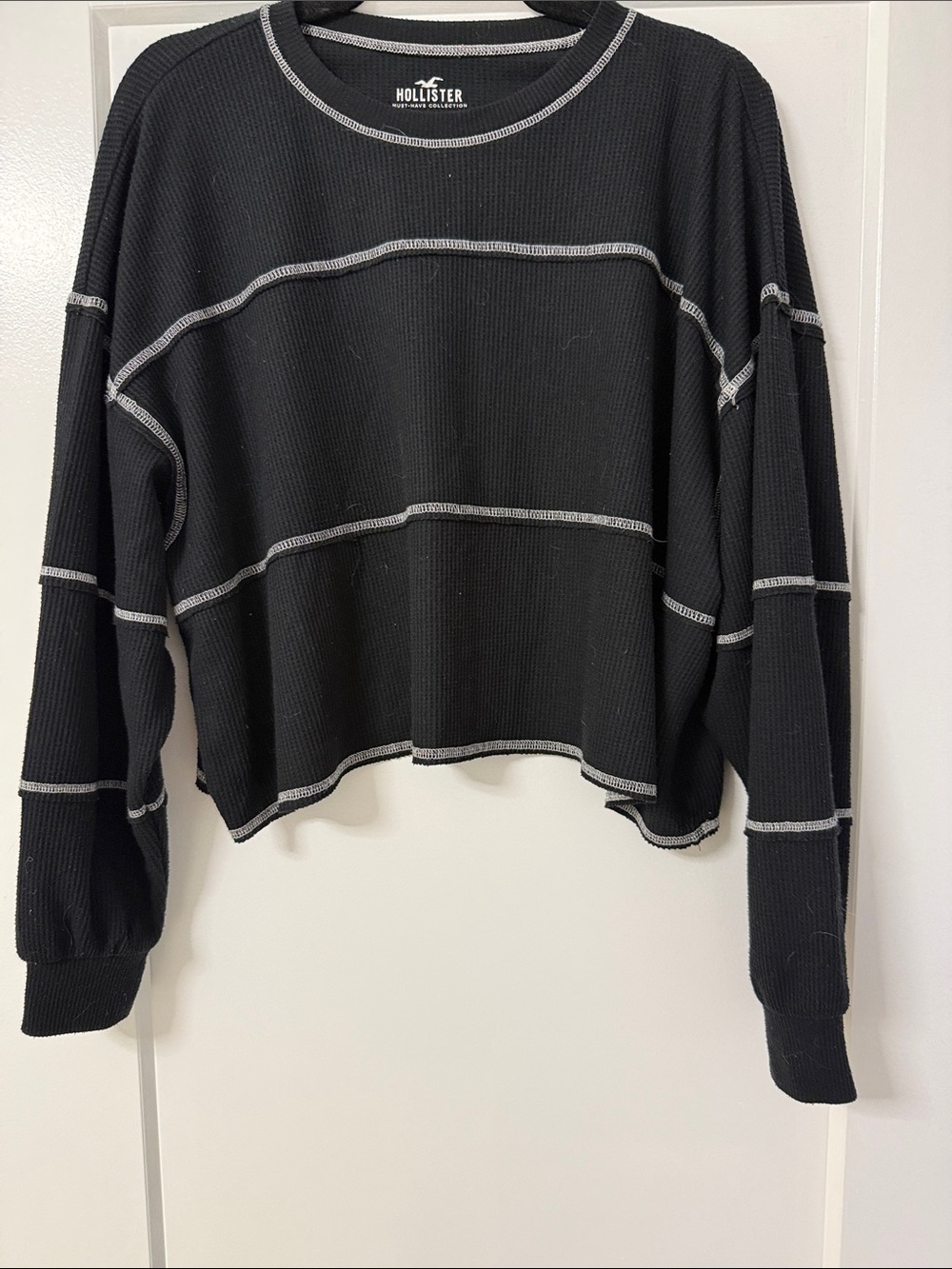 Hollister Black Waffle-Knit Crew with White Logo